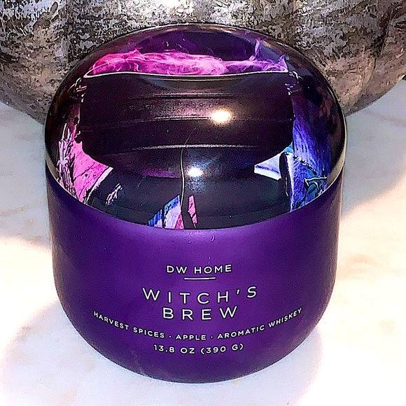 DW HOME CANDLE WITCH’S BREW HARVEST SPICED PURPLE GLASS 1 WICK NEW 13.8oz - Picture 2 of 7